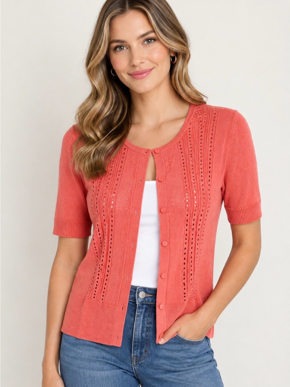 Ann Taylor Coral Eyelet Knit Short-Sleeve Cardigan Size Large